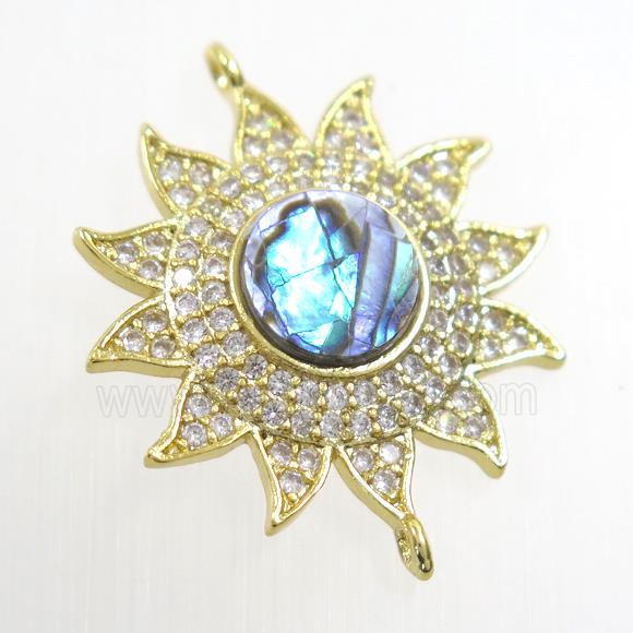 copper sunflower connector paved zircon with abalone shell, gold plated