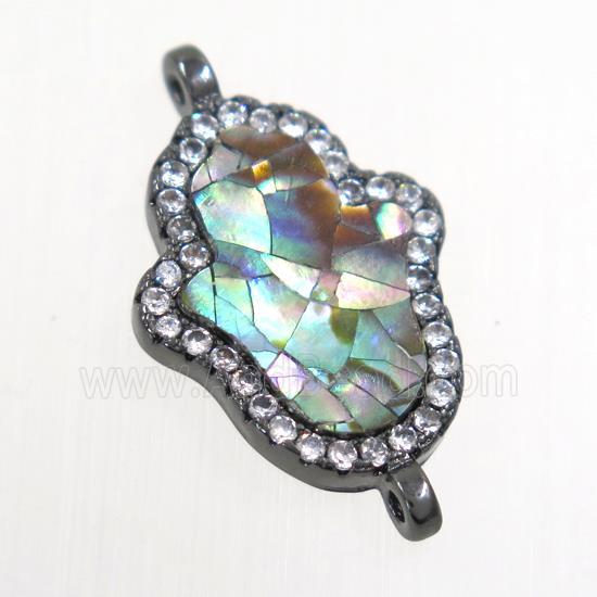 copper hamsahand connector paved zircon with abalone shell, black plated