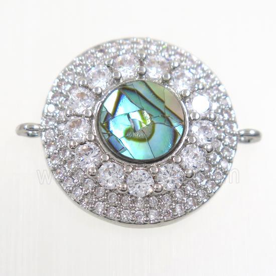 copper circle connector paved zircon with abalone shell, platinum plated