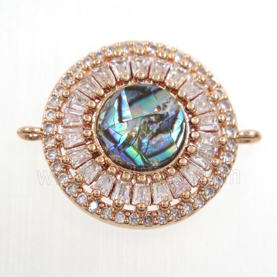 copper circle connector paved zircon with abalone shell, rose gold