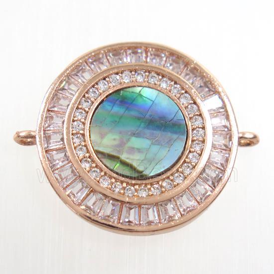 copper circle connector paved zircon with abalone shell, rose gold