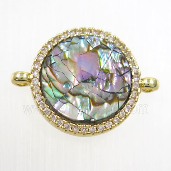 copper circle connector paved zircon with abalone shell, gold plated