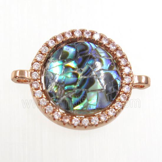 copper circle connector paved zircon with abalone shell, rose gold