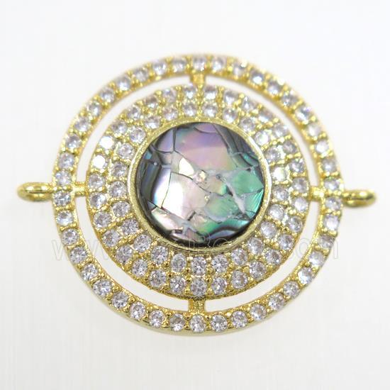copper circle connector paved zircon with abalone shell, gold plated