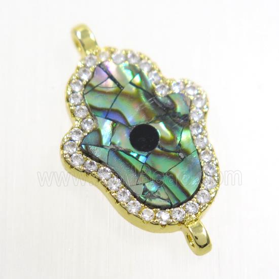 copper hamsahand connector paved zircon with abalone shell, gold plated