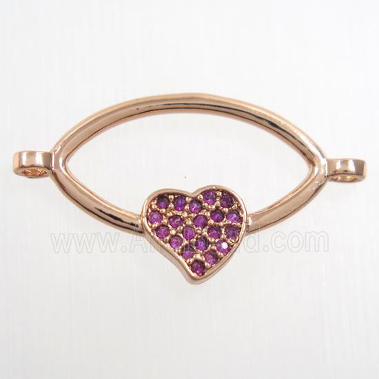 copper oval connector paved zircon with heart, rose gold