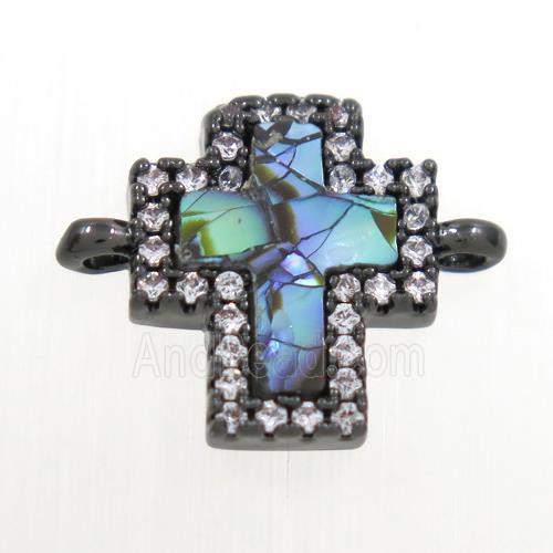 copper cross connector paved zircon with abalone shell, black plated