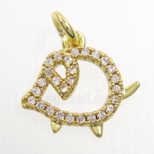 copper pig pendant paved zircon, gold plated