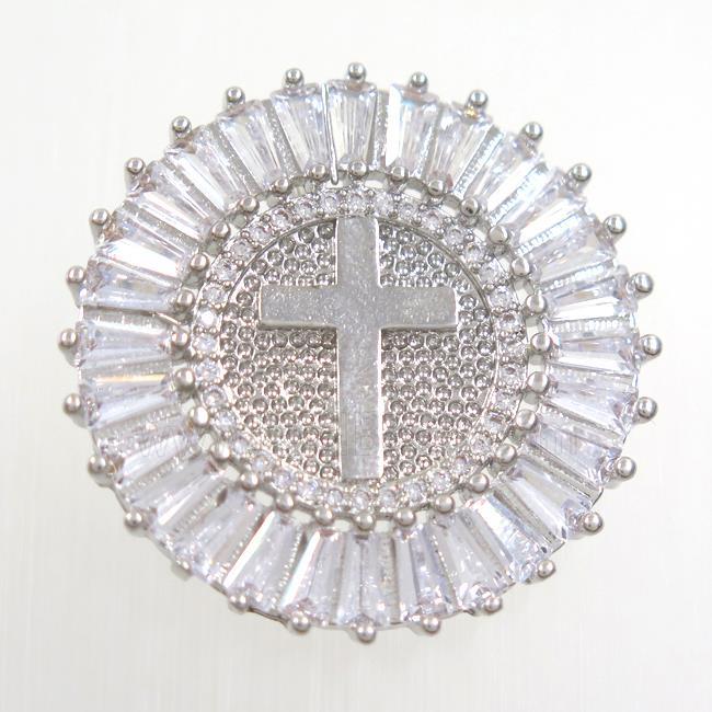 copper circle pendant paved zircon, cross, platinium plated