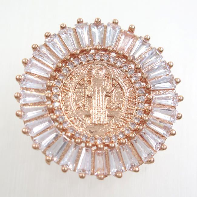 copper circle pendant paved zircon with Jesus, rose gold