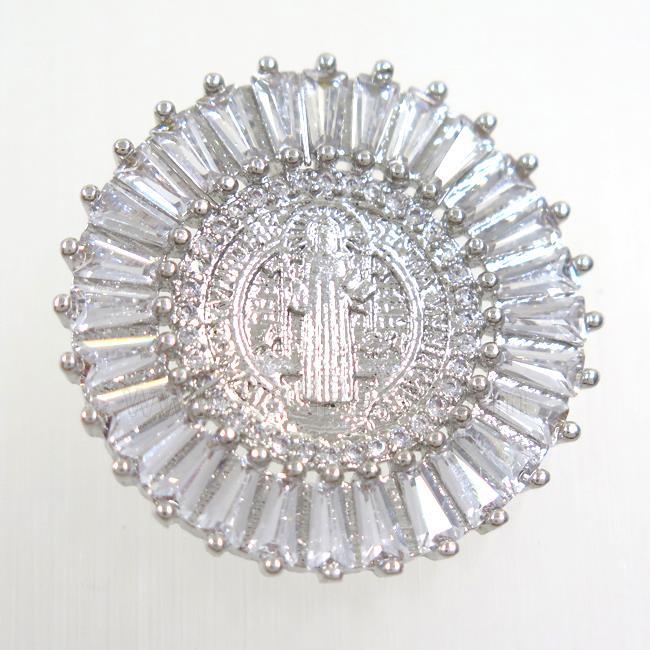 copper circle pendant paved zircon with Jesus, platinum plated