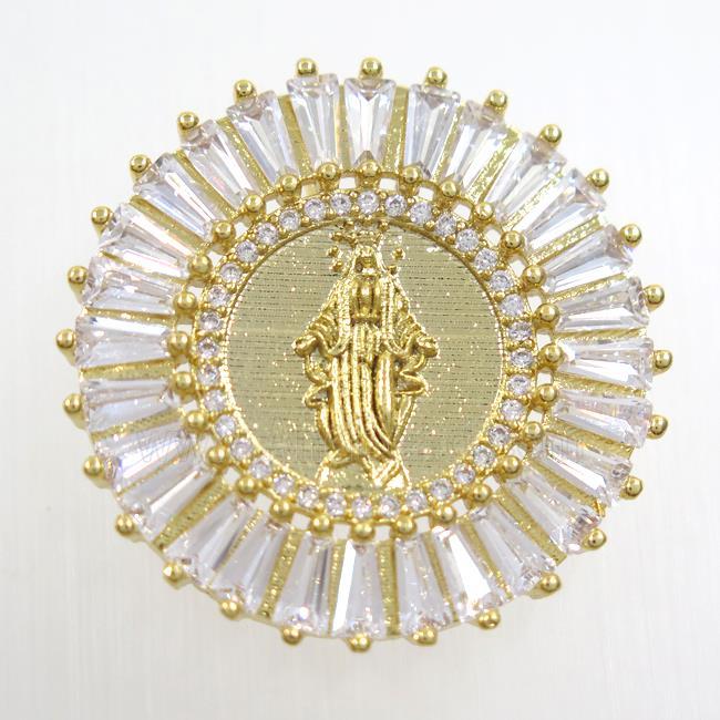 copper circle pendant paved zircon with Jesus, gold plated