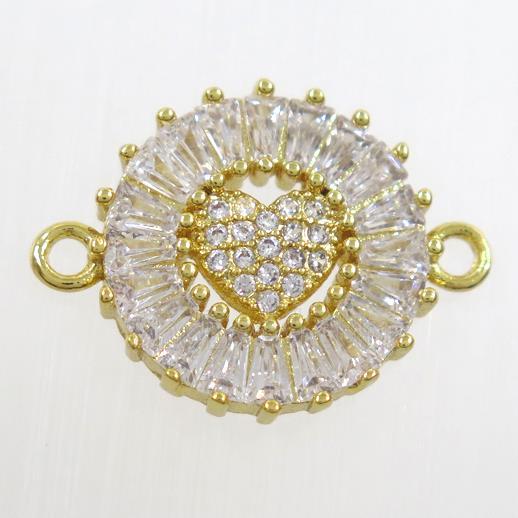 copper circle connector paved zircon with heart, gold plated