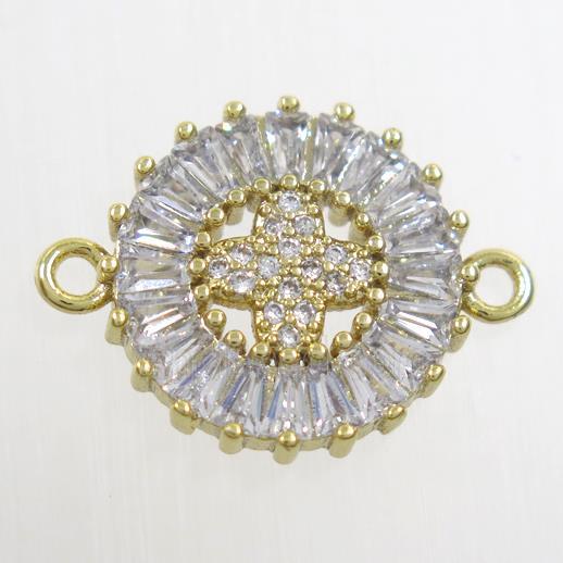 copper circle connector paved zircon with cross, gold plated