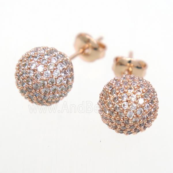 copper earring studs paved zircon, round, rose gold