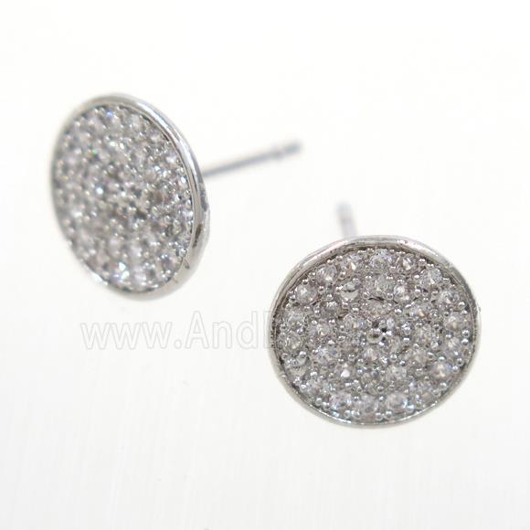 copper earring studs paved zircon, platinum plated