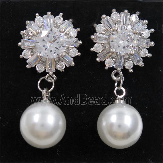 copper earring paved zircon with pearl shell, platinum plated