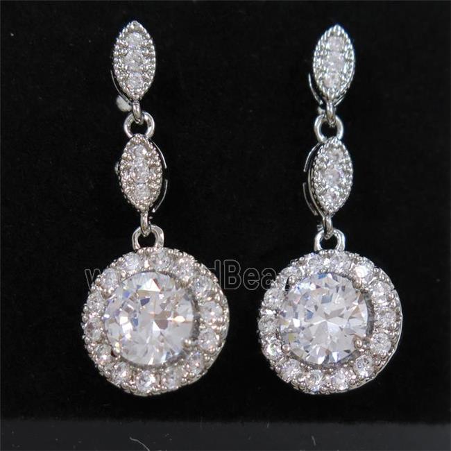 copper earring paved zircon, platinum plated