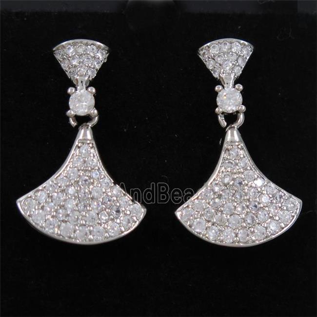 copper fan earring paved zircon, platinum plated