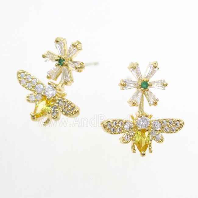 copper honeybee Earring studs paved zircon, gold plated