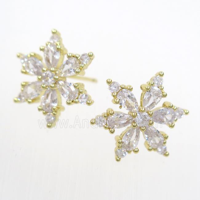 copper snowflake Earring studs paved zircon, gold plated