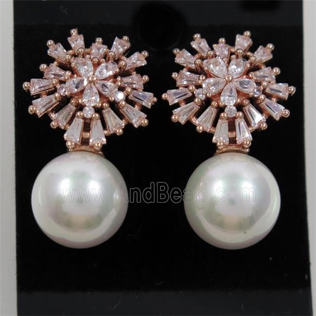 copper earring paved zircon with pearl shell, rose gold