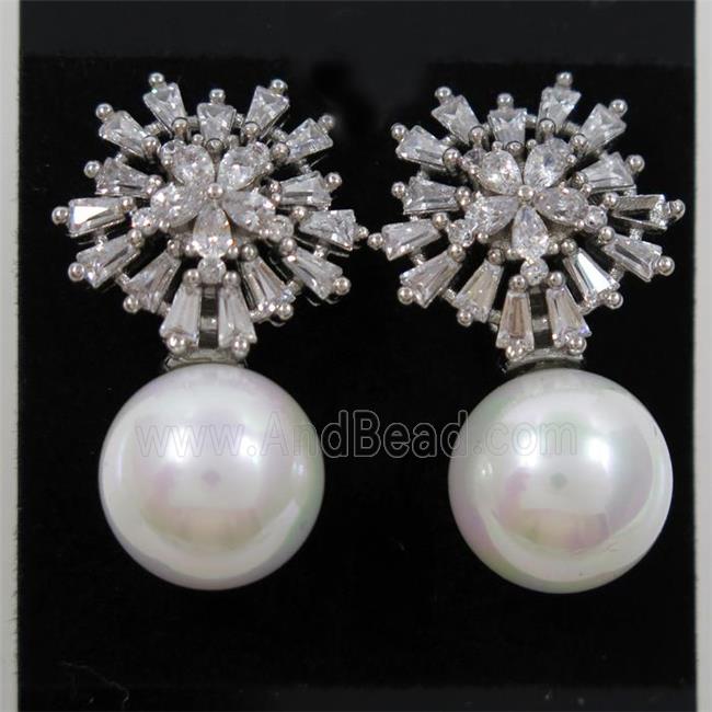copper earring paved zircon with pearl shell, platinum plated