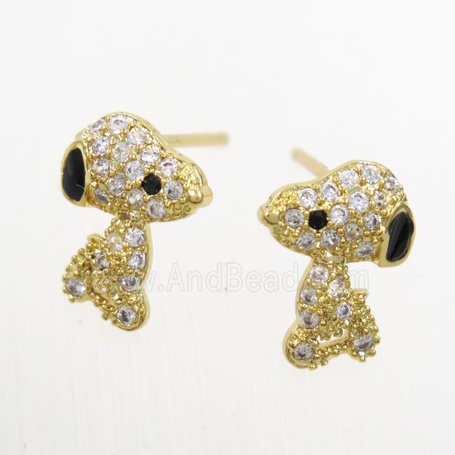 copper dog Earring studs paved zircon, gold plated