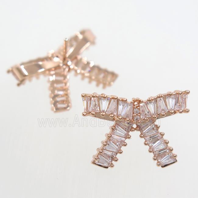 copper Earring studs paved zircon, cancer ribbons, rose gold