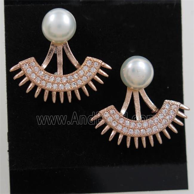 copper fan earring paved zircon, rose gold