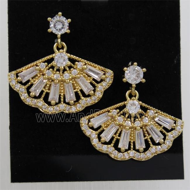 copper fan earring paved zircon, gold plated