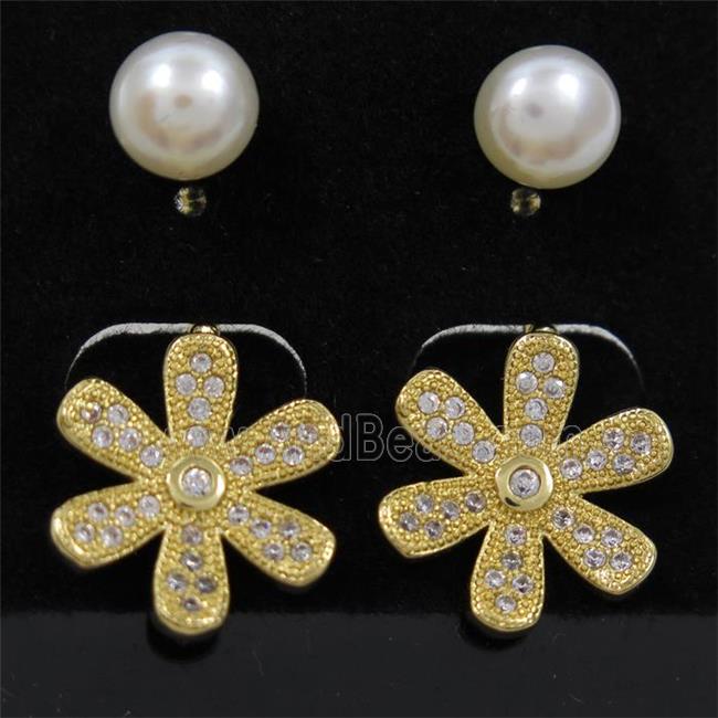 copper flower earring paved zircon with pearl, gold plated