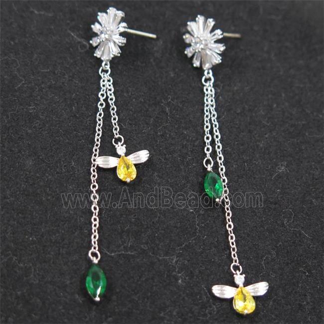 copper earring paved zircon, platinum plated