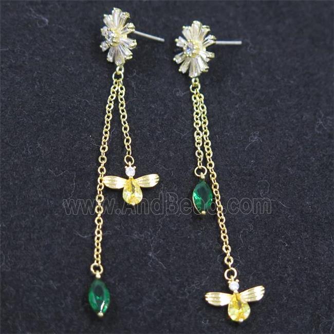 copper earring paved zircon, gold plated