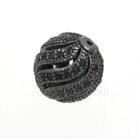 copper round beads paved zircon, hollow, black plated