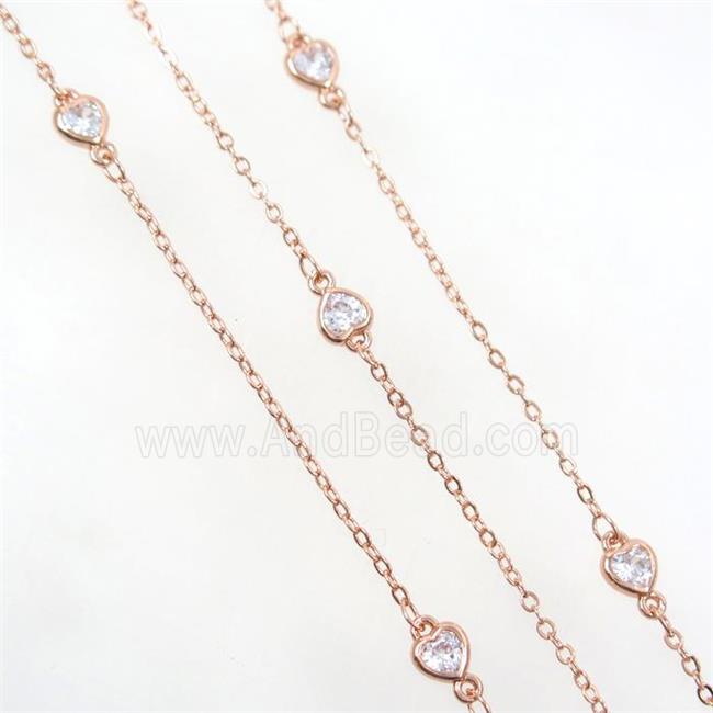 copper chain with zircon, heart, rose gold