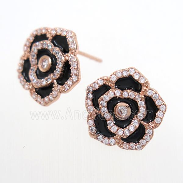 copper flower Earring studs paved zircon, enamel, rose gold