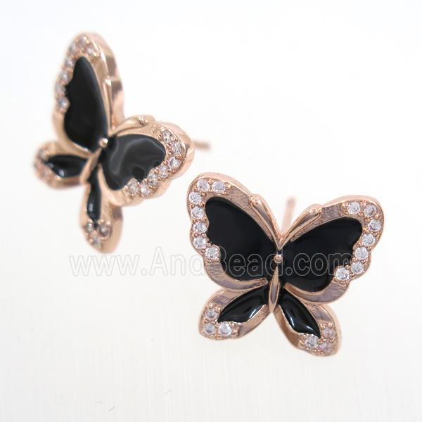 copper butterfly Earring studs paved zircon, enamel, rose gold