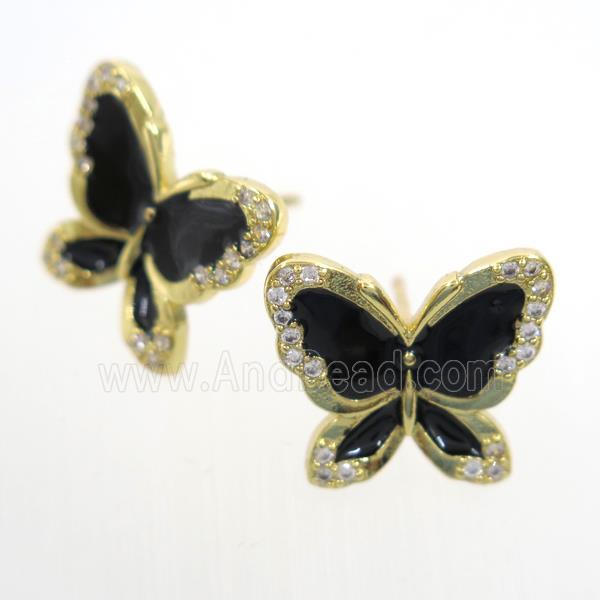 copper butterfly Earring studs paved zircon, enamel, gold plated