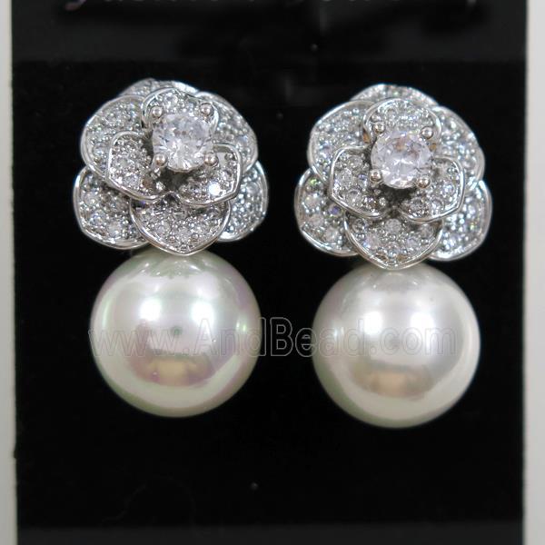 copper flower earring paved zircon with pearl shell, platinum plated