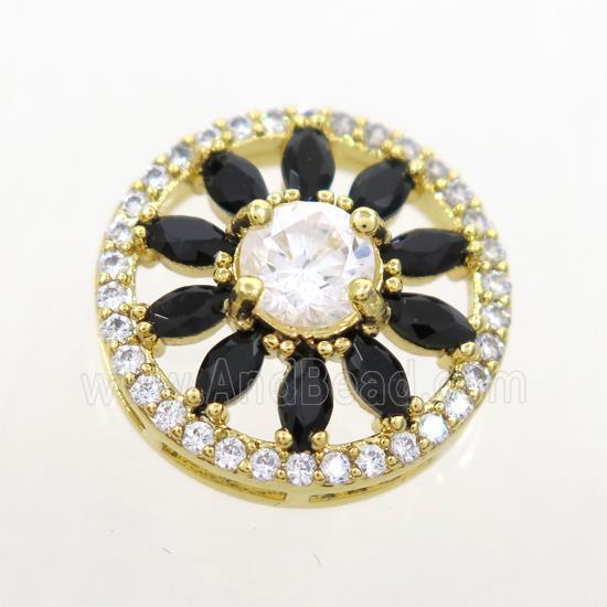 copper sunflower connector pave black zircon, gold plated