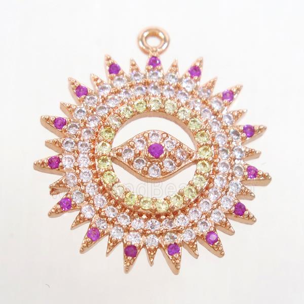 copper sun pendant paved zircon with eye, rose gold