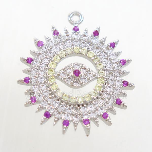 copper sun pendant paved zircon with eye, platinum plated