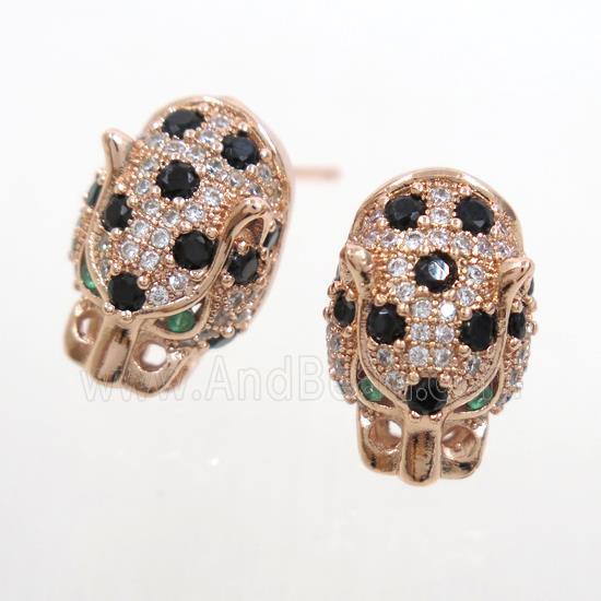 copper leopardhead earring studs paved zircon, rose gold