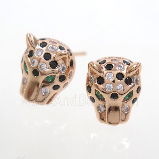 copper leopardhead earring studs paved zircon, rose gold