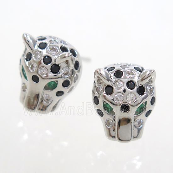 copper leopardhead earring studs paved zircon, platinum plated