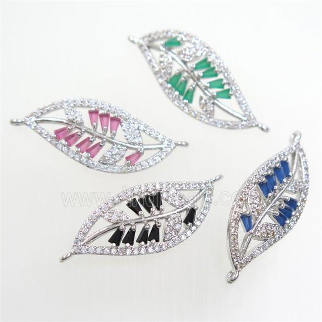 copper leaf connector paved zircon, mixed, platinum plated