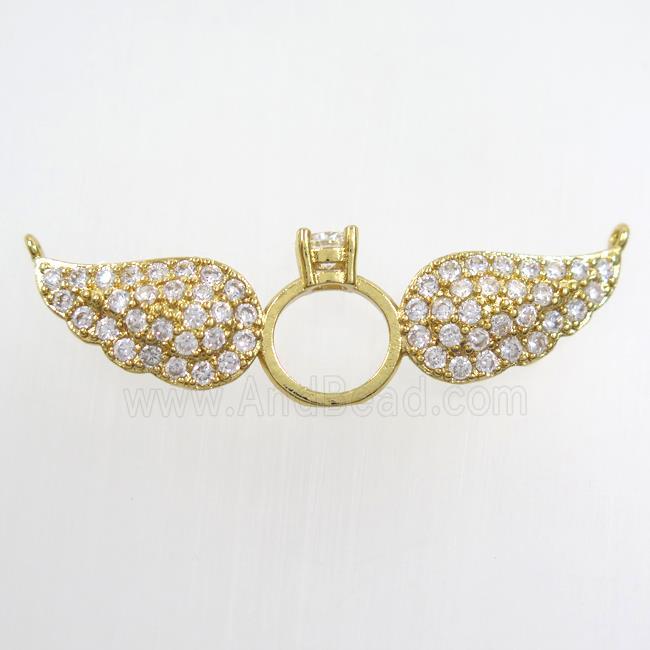 copper angel wing pendant paved zircon, gold plated