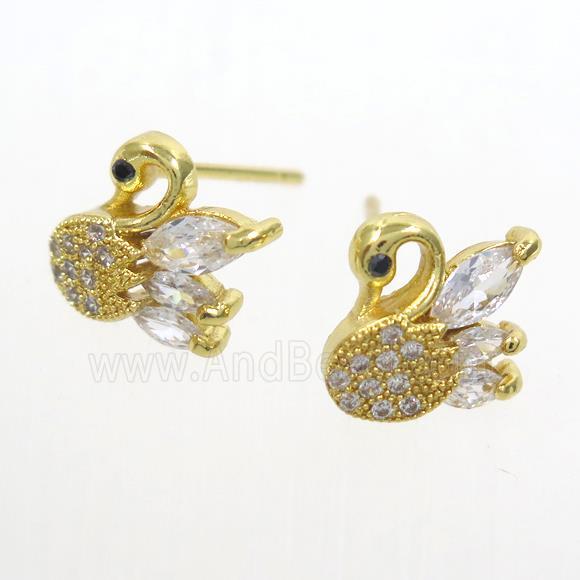 copper swan earring studs paved zircon, gold plated