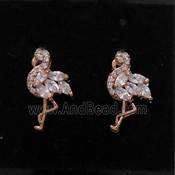 copper crane earring studs paved zircon, rose gold